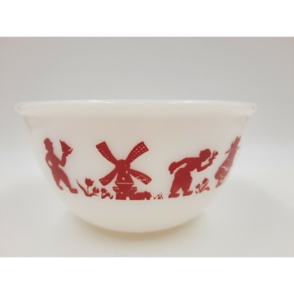 Vintage Hazel Atlas Red Dutch Boy & Girl Mixing Bowl Windmill - Picture 1 of 6